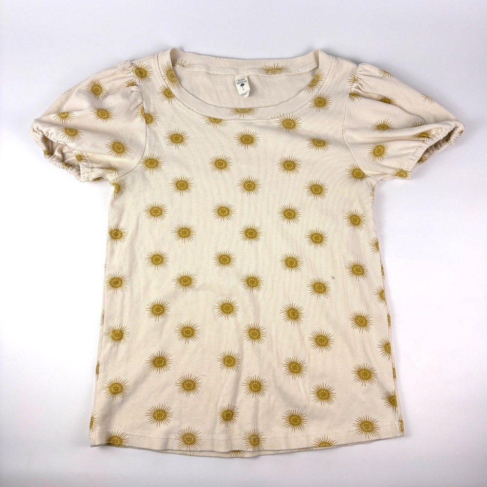 Kate Quinn Ribbed T‎ Shirt Womens Sz S Sun Cream Gold Celestial Puff Sleeves Org